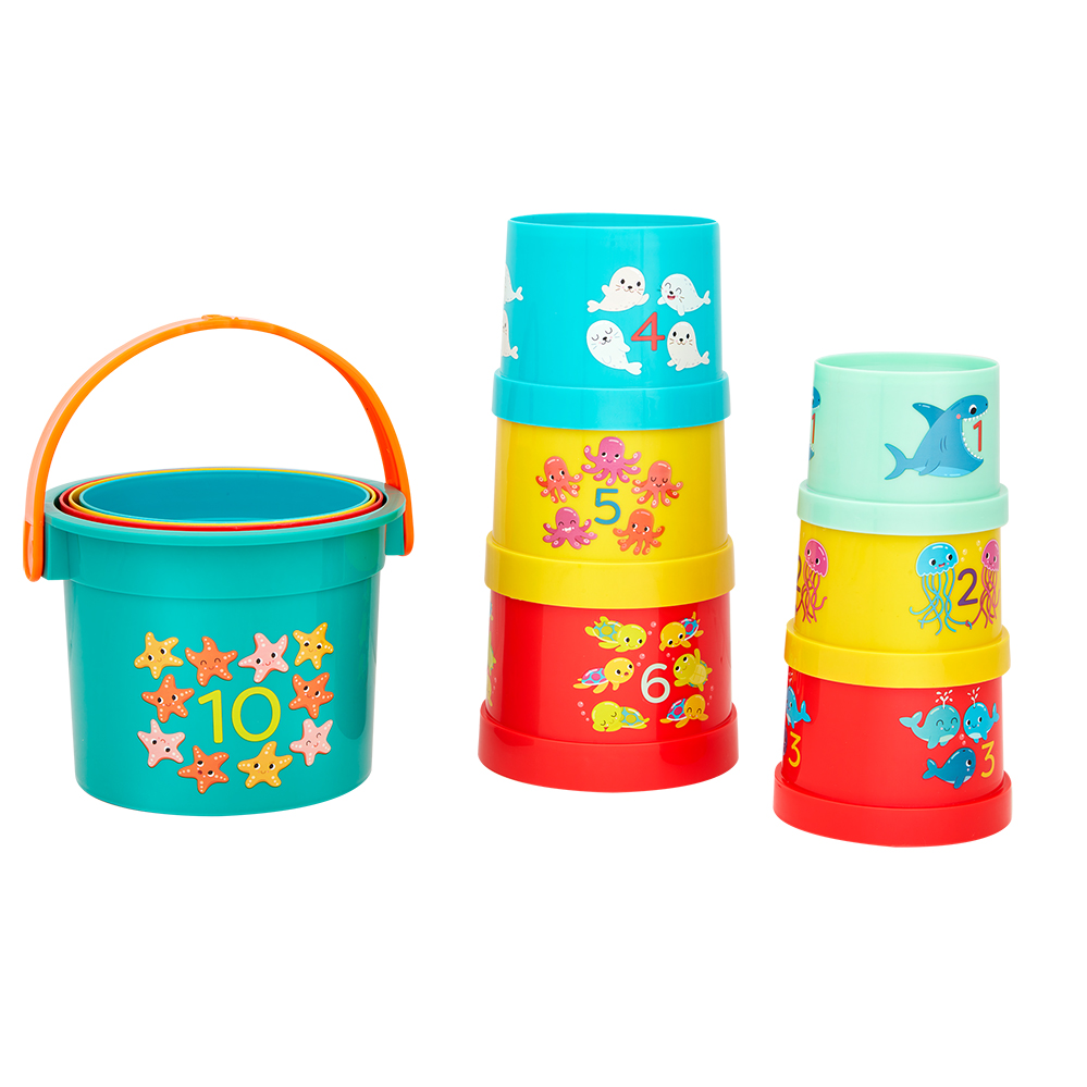 Bazillion Buckets 10 Stackable Cups – Nesting Beach & Bath Toddler Toy Set